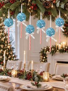 3pcs Glitter Lollipop Christmas Tree Ornament, Iridescent Mosaic Ball, Candy Hanging Decoration With White Bow, Festive Sparkling Holiday Decor For Xmas Tree, Gift Box, Window, Fireplace, Party & Winter Home Decorations - Blue - View 6