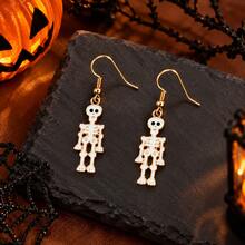 Halloween Funny Skeleton Skull Earrings, Vintage Cartoon Humanoid Skeleton Ear Hooks, Holiday Party Cosplay Costume Jewelry - White - View 3