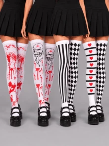 1/4 Pair Women's Halloween Over-The-Knee Socks, Mixed Skull, Red Splatter, Striped And Harlequin Pattern Thigh High Socks, Suitable For Costume Party Outfit Matching - Multicolor - View 1