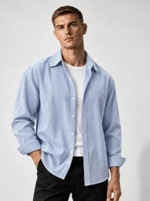 GloMan Men's Textured Striped Buttons Up Long Sleeve Shirt, Loose Casual, Summer/Autumn Couple, Daily - Blue - View 1
