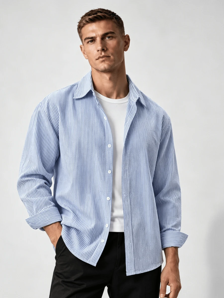 GloMan Men's Textured Striped Buttons Up Long Sleeve Shirt, Loose Casual, Summer/Autumn Couple, Daily - Blue - View 1