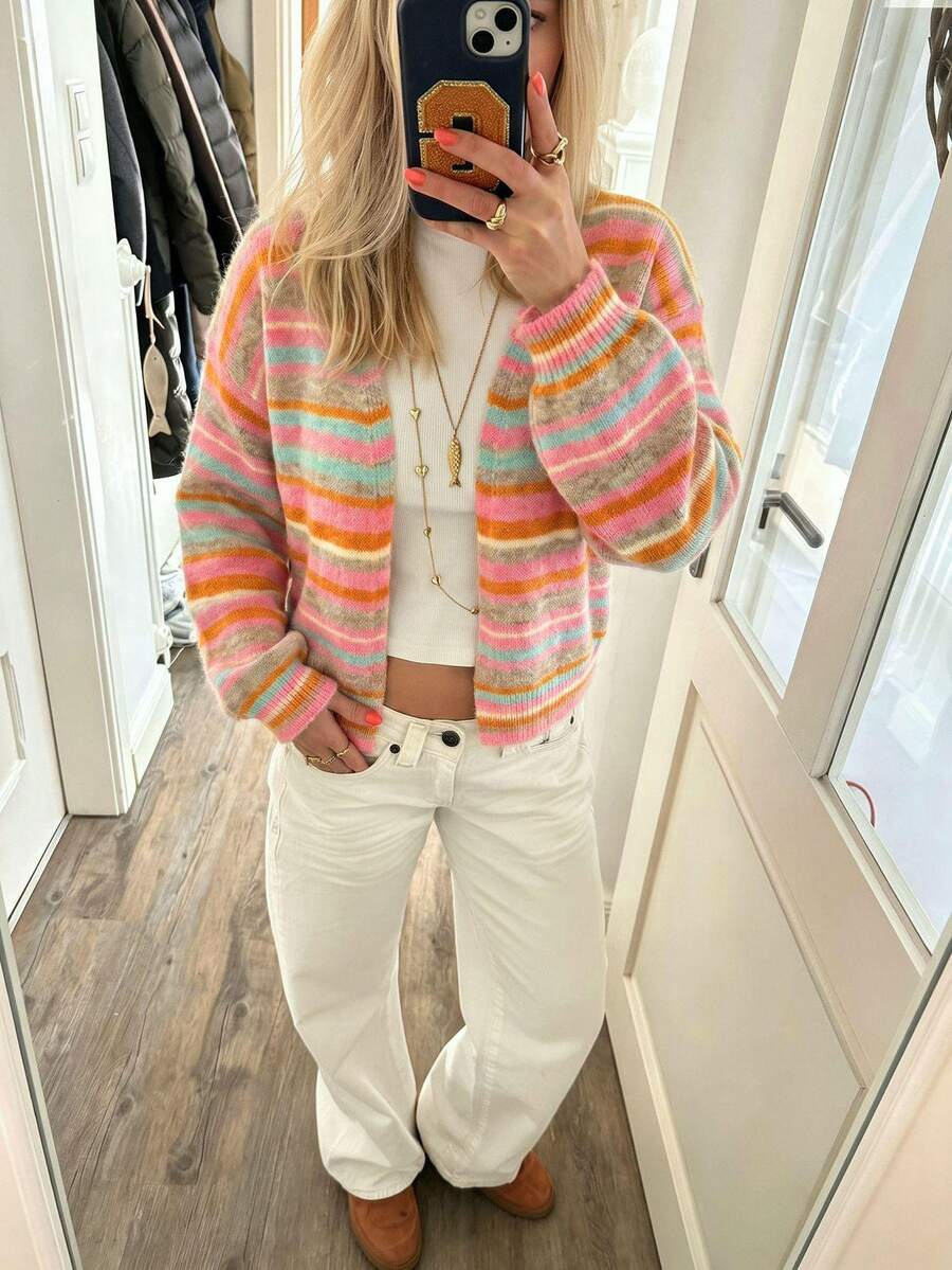 Rainbow Striped Knit Cardigan, Buttonless V-Neck Dropped Shoulder Long Sleeve Loose Soft Fuzzy Texture Women's Autumn/Winter Holiday Casual Sweater Jacket - Multicolor - View 1
