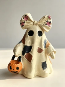 1pc Vintage Patchwork Ghost Resin Ornaments Cute Ghost Figures With Floral Bow And Top Hat Pumpkin Bucket Halloween Rustic Home Table Decor - Patch Ghost - View 13