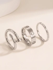 3pcs/Set Luxury Exquisite Stainless Steel Women's Rings, 18K Stainless Steel Fashion Elegant Zirconia Rings, Stackable Ring Set, Size 6-10, Wedding Rings, Wedding Season Gift, Couple Jewelry, Christmas Gift, Family Gift, Waterproof Non-Fading, Long-Lasting Color - Multicolor - View 9