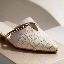 Women Pointed Toe Embossed Backless Mules, Beige Slip On Slide Sandals, Linen Strap Gold Decor Low Block Heel Elegant Summer Shoes - Apricot - View 5