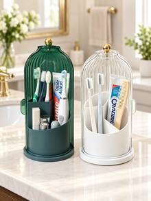 1pc Dustproof Toothbrush Holder With Ribbed Cover, Multi-Compartment Bathroom Countertop Organizer For Toothbrushes, Toothpaste & Daily Essentials, White/Green - Multicolor - View 4