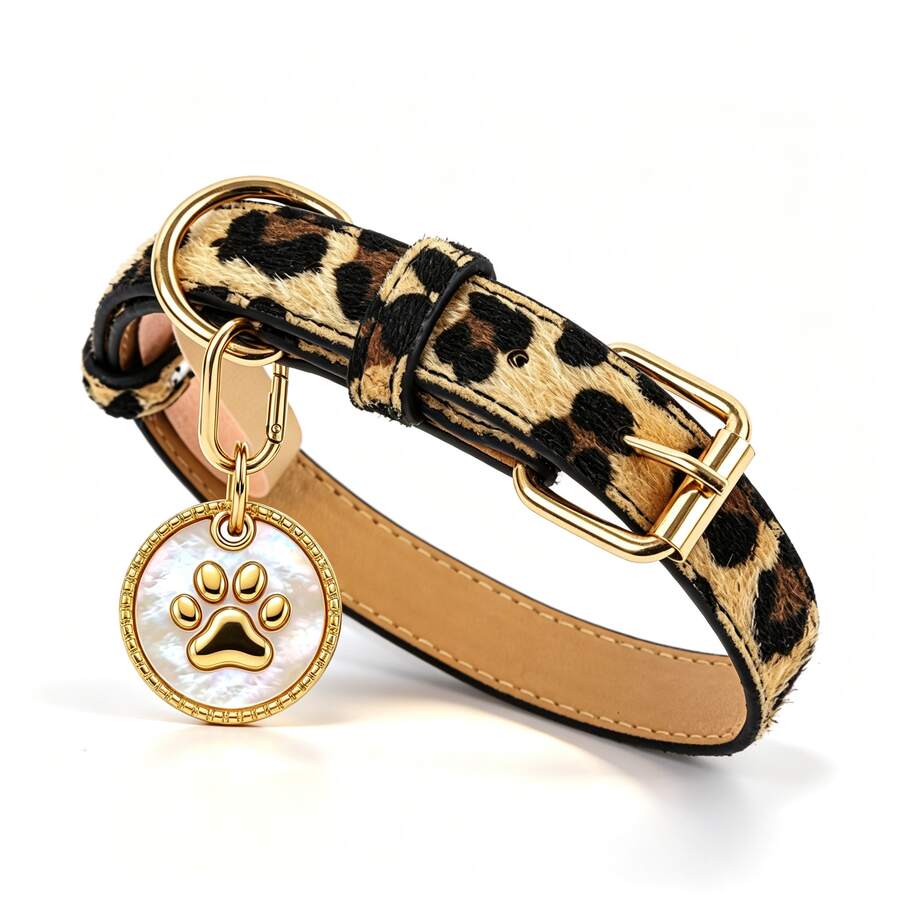 1pc Leopard Print Pet Dog Collar, Soft Lining With Faux Shell Paw Print Dog Tag, Adjustable Holes, Suitable For Small, Medium, Large Dogs, Fashionable Daily Walking Collar, Gift For Pets