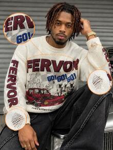 BLACKTOEXIT Men's Crew Neck Sweater Casual Loose American Motorcycle Style Distressed Ripped Knit Pullover Autumn/Winter - Apricot - View 2
