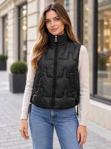 Women's Stand Collar Lightweight Padded Vest, Geometric Quilted Zip-Up Sleeveless Jacket With Pockets And Drawstring Hem - Black - View 6