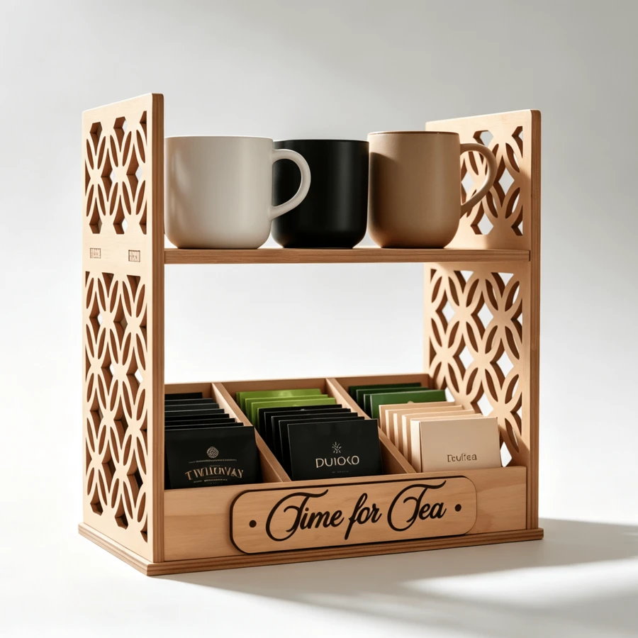 Vintage Carved Tea Bag Display Rack, Multi-Compartment Tea Bag Storage Box For Home Desktop, Tea Station Cup Holder, Furniture Storage, Perfect Gift - Khaki - View 1