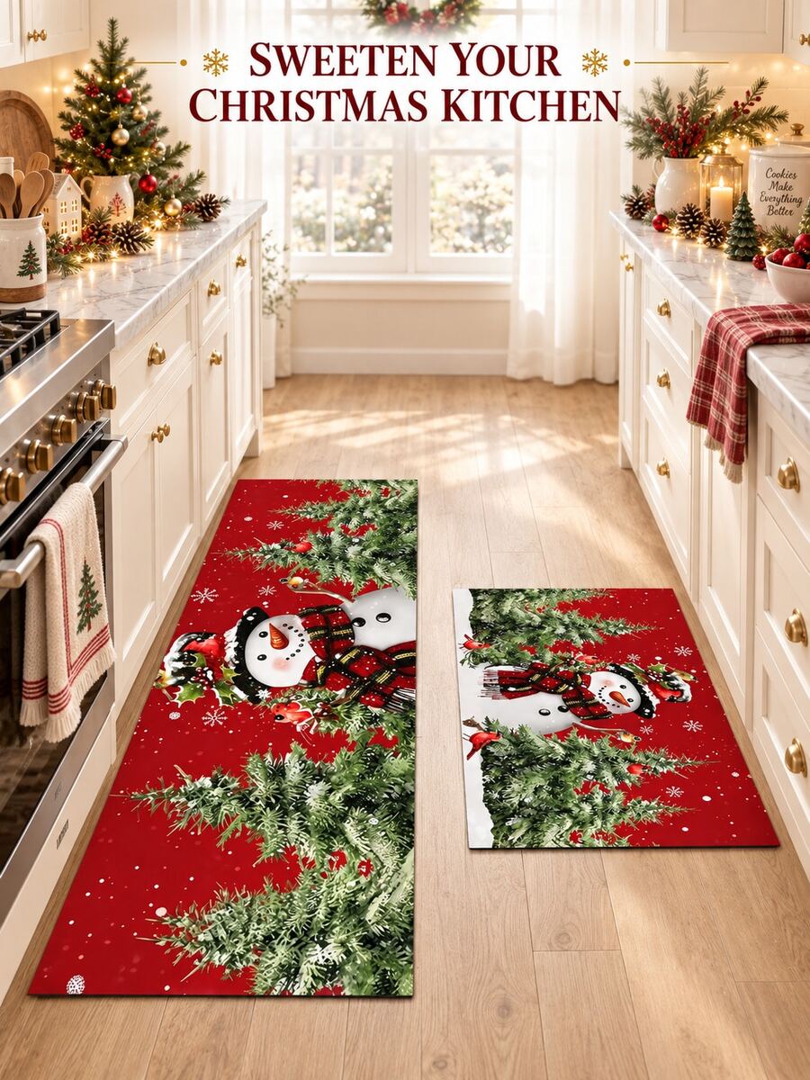 1/2pcs Christmas Kitchen Decor Rugs, Winter Kitchen Mats And Pads, Non-Slip Washable Absorbent Kitchen Accessories Decorative Floor Mat, Christmas Holiday Gift! - Multicolor - View 1