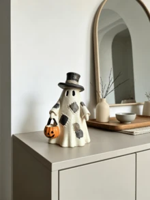1pc Vintage Patchwork Ghost Resin Ornaments Cute Ghost Figures With Floral Bow And Top Hat Pumpkin Bucket Halloween Rustic Home Table Decor - Patch Ghost - View 2