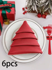 1/2/6pcs Christmas Red & Green Fabric Napkins, Foldable Christmas Tree Shaped Napkins, Holiday Party Table Decor Napkins - Multicolor - View 15