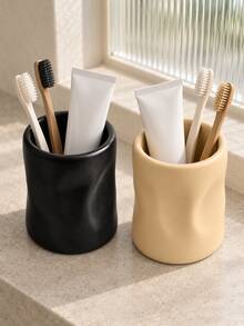 1pc Asymmetrical Wavy Texture Toothbrush Holder, Matte Pleated Toothpaste And Makeup Brush Storage Cup, Minimalist Wabi-Sabi Style Black & Beige Bathroom Vanity Office Desk Home Decor - Multicolor - View 4
