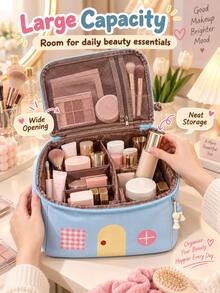 "Dopamine Style" Makeup Bag, Wide Mouth Design, Novel Style, Suitable As A Gift Or Toiletry Bag, House-Shaped Design, Compartmentalized Storage For Toiletries And Cosmetics, Large Capacity, Suitable For Vanity, Bathroom Countertop Or Packing In Luggage - Multicolor - View 3