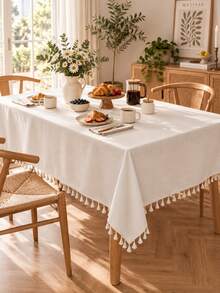 Bubaba 1pc Ivory-White Tablecloth, Rustic Farmhouse Solid Color Linen Tablecloth With Cream Tassels, Suitable For Dining Room, Kitchen, Tabletop, Party, Holiday, Hotel, Cafe, Bedroom, All Season - White - View 4