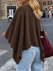 Plus Size Women's Brown Sleeveless Knit Cape, Round Neck Asymmetrical Hem, Suitable For Autumn/Winter Office And Daily Wear - Brown - View 5