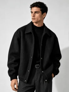 Men's Solid Color Turndown Collar Full Zip Long Sleeve Jacket, Thick Outerwear, Streetwear, Gentleman Style, Versatile For Multiple Occasions - Black - View 1