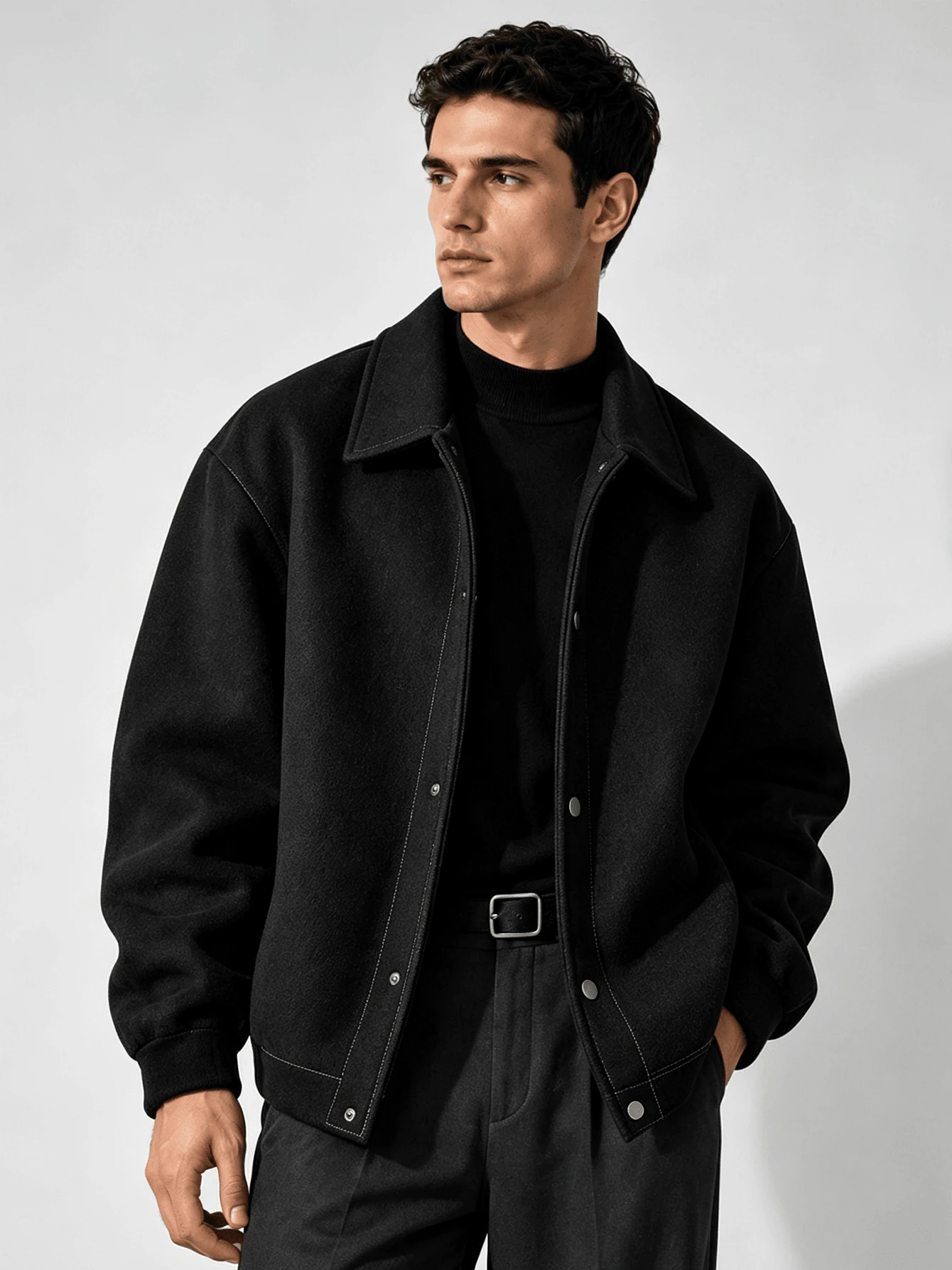 Men's Solid Color Turndown Collar Full Zip Long Sleeve Jacket, Thick Outerwear, Streetwear, Gentleman Style, Versatile For Multiple Occasions - Black - View 1
