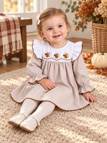 Sweet Vintage Baby Girl Long Sleeve Dress, Turkey Embroidery Ruffle Design Thanksgiving Outfit Dress - Apricot - View 5