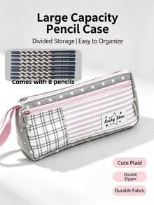 Plaid & Stripe Patchwork Pencil Case Set With 8 Pencils - Sets - View 1