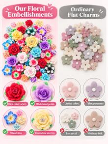 50pcs Random Style 3D Soft Clay Flower Dome Pieces - Vibrant Polymer Clay Rose, Lily Pendants With Crystal Decor, Suitable For DIY Hair Clip Making, Phone Case Decoration, 3D Nail Art Design, Shoe Decoration And Handmade Crafts - Multicolor - View 7