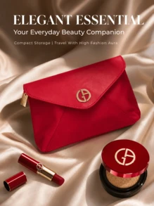 Armani Premium Red Envelope Clutch Bag For Women, Luxury Gold Round Emblem Makeup Storage Bag, PU Leather Handbag, Women's Toiletry Bag, Versatile Clutch For Commute, Date And Party - Red Envelope Bag - View 1