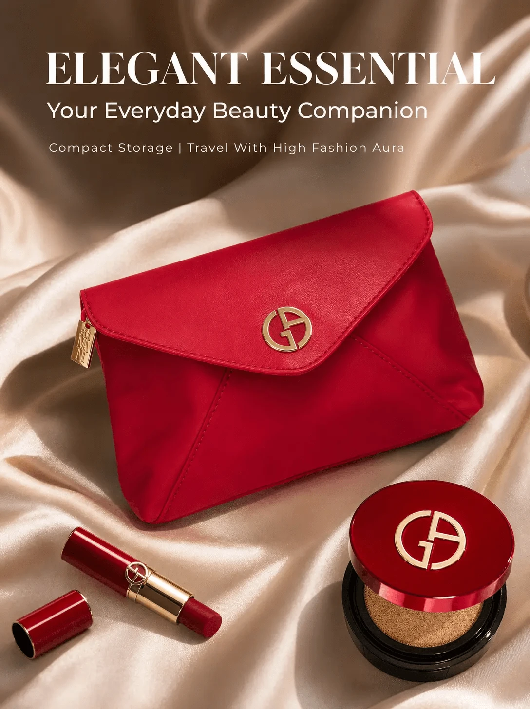 Armani Premium Red Envelope Clutch Bag For Women, Luxury Gold Round Emblem Makeup Storage Bag, PU Leather Handbag, Women's Toiletry Bag, Versatile Clutch For Commute, Date And Party - Red Envelope Bag - View 1