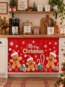 1pc Christmas Gingerbread Man Polyester Kitchen Cabinet Curtain, Merry Christmas Candy Cane Snowflake Print Under Sink Cover, Farmhouse Kitchen Skirt For Xmas Home Decor - B - View 7