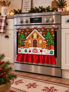 Christmas Gingerbread House Oven Door Curtain, Scalloped Edge Gingerbread Man & Christmas Tree Print Oven Handle Cover With Red Ribbon Tie, Kitchen Holiday Decor - Christmas Gingerbread House - View 2