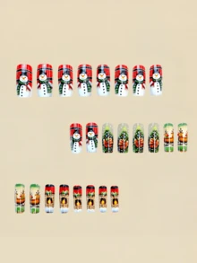 24pcs Christmas Snowman Christmas Tree Reindeer Fireplace Winter Holiday Fake Nails Rectangular Wearable - Green - View 2