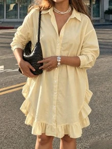 Plus Size Korean Style Fashion Single Breasted Long Sleeve Dress - Yellow - View 3