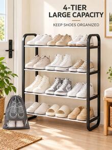 1 Set/1 Piece 4-Tier Black Shoe Rack + 5 Pieces Shoe Storage Bags, Large Capacity Space-Saving Storage Rack, 1 Multi-Layer Independent Shoe Rack, Modern Open Shelf, Suitable For Sneakers, Boots, Slippers And Daily Footwear, Ideal For Entryway, Closet, Bedroom, Dorm, Apartment And Other Home Storage, Easy Access Storage Rack, Perfect For Housewarming, Back To School, Spring Cleaning And Year-Round Home Organization - Multicolor - View 1