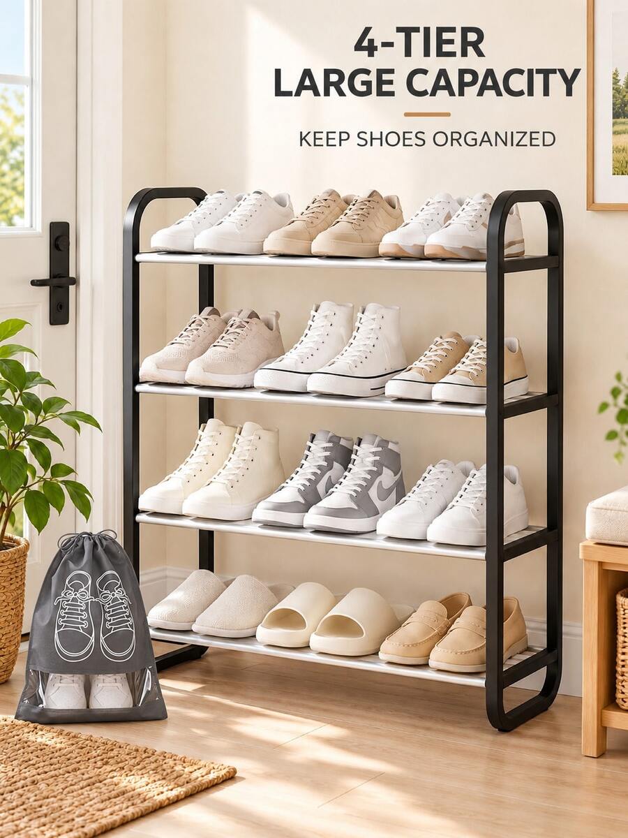 1 Set/1 Piece 4-Tier Black Shoe Rack + 5 Pieces Shoe Storage Bags, Large Capacity Space-Saving Storage Rack, 1 Multi-Layer Independent Shoe Rack, Modern Open Shelf, Suitable For Sneakers, Boots, Slippers And Daily Footwear, Ideal For Entryway, Closet, Bedroom, Dorm, Apartment And Other Home Storage, Easy Access Storage Rack, Perfect For Housewarming, Back To School, Spring Cleaning And Year-Round Home Organization - Multicolor - View 1