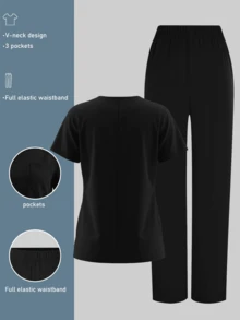 Solid Color V-Neck Short Sleeve Top And Elastic Waist Multi-Pocket Scrub Pants Scrub Uniform Set - Black - View 8