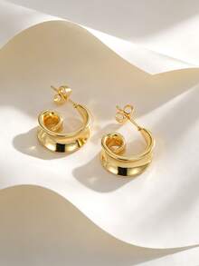 Women's 18K Gold Plated Copper Swirl Earrings, Smooth Glossy Spiral Studs, Statement Accessory For Dating & Office - Gold - View 1