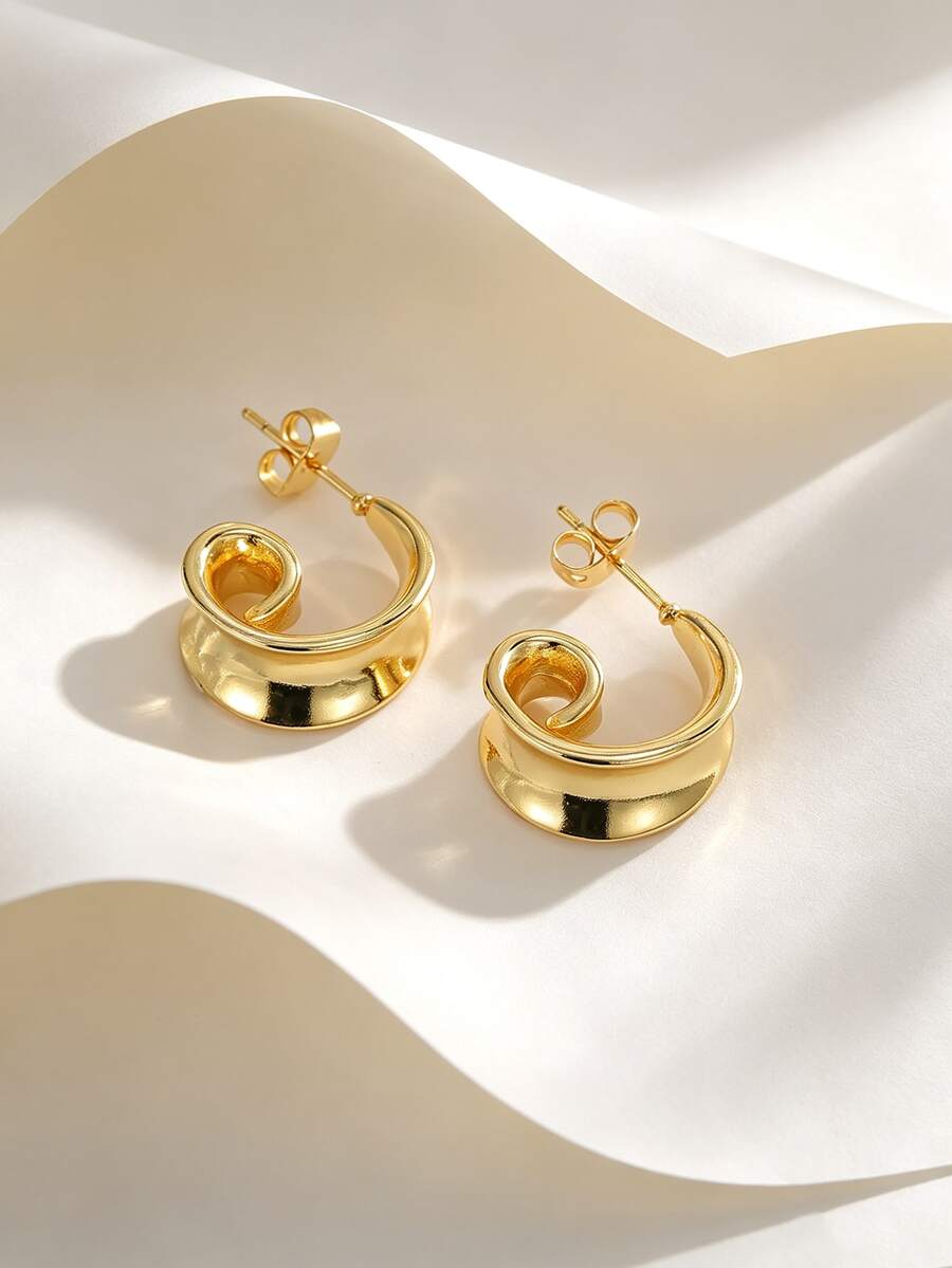 Women's 18K Gold Plated Copper Swirl Earrings, Smooth Glossy Spiral Studs, Statement Accessory For Dating & Office - Gold - View 1