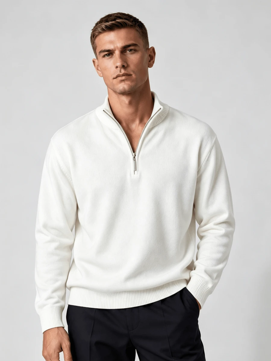 Men's Classic Zip-Up Turn Collar Long Sleeve Fine Knit Sweater, Autumn/Winter