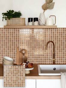 Waterproof Textured Vinyl DIY Self-Adhesive Peel And Stick Backsplash Tile, Gradient Warm Beige Mini Square Mosaic Wallpaper, Soft Earth Tone Transition, Glossy Ceramic Feel Surface, For Home Decor - Mocha Brown - View 5