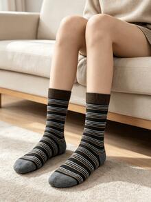 1/4 Pair All-Season Wearable Milk Coffee Striped Colorblock Versatile Comfortable Mid-Calf Socks - Multicolor - View 6