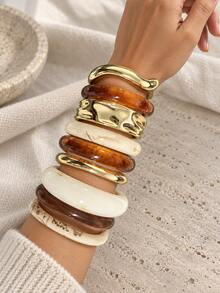 1/9 Women's Bohemian Style Rough Layered Bracelet, Vintage Marble Resin&Gold Wide Bracelet, Fashionable Wrist Accessory - Multicolor - View 1