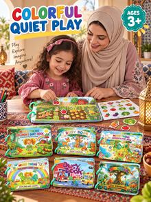 Children's Quiet Book Busy Book, Reusable Sticker Activity Book For Kids 3+, 2 Rings Per Book, 9 Pages Total (7 Theme Base Pages + 2 Sticker Pages), Random Theme Pages, Back Of Stickers With Hook And Loop For Repeated Attachment And Detachment; Dinosaur, Animal, Transportation, Farm, Space And More Themes Available - Multicolor - View 2