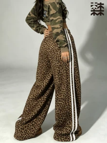 mulinsen Leopard Print Side White Stripe Wide Leg Sweatpants, Elastic Drawstring Waist Casual Sports Long Pants - Brown - View 8