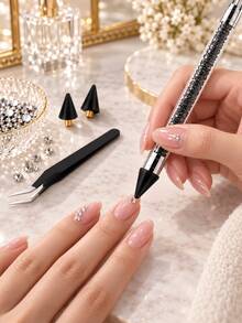 Black Rhinestone Picking Wax Pencil For Nail Art Creation - Dual-Tip Diamond Painting Dotting Tool With 2 Spare Wax Tips And Curved Tweezers, Designed For Flat Back Gemstone Inlay, 5D Diamond Painting And DIY Crafts - C - View 4