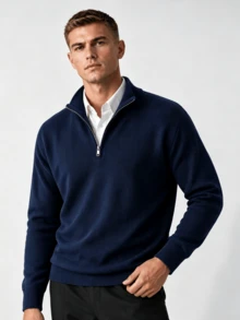 Men's Zipper Vertical Ribbed Knit Sweater, Stand Collar Long Sleeve, Suitable For Office And Daily Wear, Fashion Casual - Navy Blue - View 1