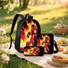 Pixel Art Flame Warrior 2D Print 3 Pieces Backpack Set, Large Capacity Backpack With Crossbody Bag And Pencil Case, Side Elastic Mesh Pocket For Water Bottle, Wide Breathable Adjustable Shoulder Straps, Gaming Pixel Style For Daily Commute, Travel And Casual Storage - Printed Bag - View 8