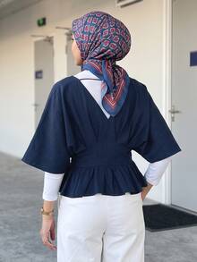 1pc Solid Color Waist-Cinching/Ruched Pleated Ruffle/Flounce Short Sleeve Blouse Top For Women - Blue - View 4