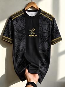 Mexico Men's Soccer Jersey & Eagle Pattern Design Lightweight Soft T-Shirt & Match, Training, Casual Wear & Gift - Black - View 4