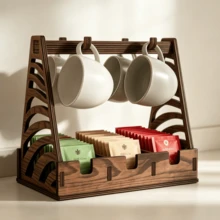 Wooden Tea Bag Storage Rack With Cup Hook, Countertop Tea Station, Divided Tea Bag Organizer, Coffee Bar Shelf, Home Storage, Decoration, Gift - Coffee Brown - View 5