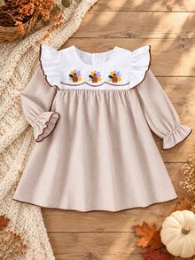 Sweet Vintage Baby Girl Long Sleeve Dress, Turkey Embroidery Ruffle Design Thanksgiving Outfit Dress - Apricot - View 1
